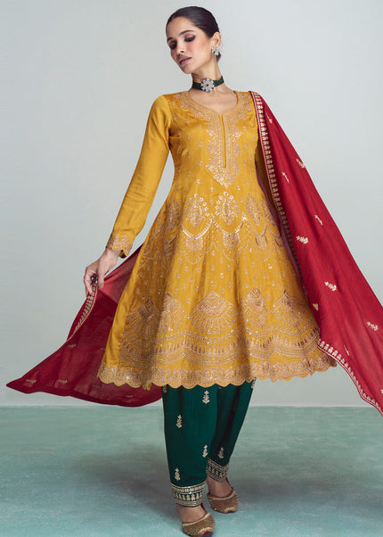 Yellow and Green Embroidered Salwar Style Pant Suit