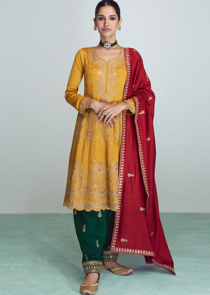 Yellow and Green Embroidered Salwar Style Pant Suit