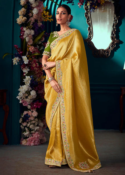Yellow and Green Embroidered Wedding Saree