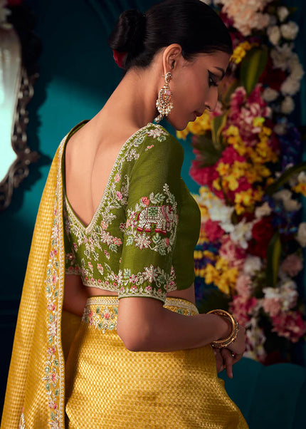 Yellow and Green Embroidered Wedding Saree