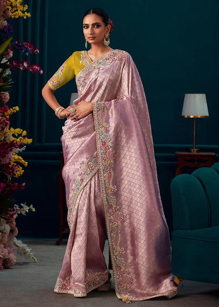 Lavender and Mustard Embroidered Wedding Saree