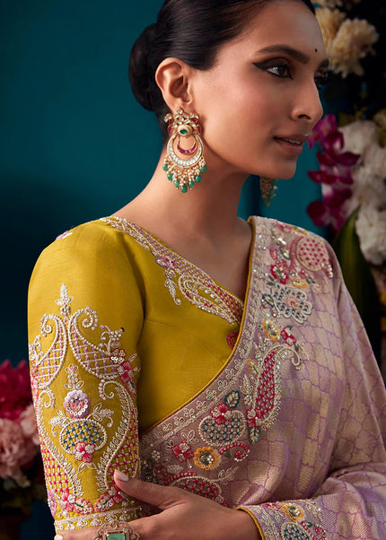 Lavender and Mustard Embroidered Wedding Saree