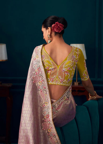 Lavender and Mustard Embroidered Wedding Saree