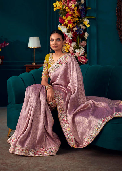 Lavender and Mustard Embroidered Wedding Saree