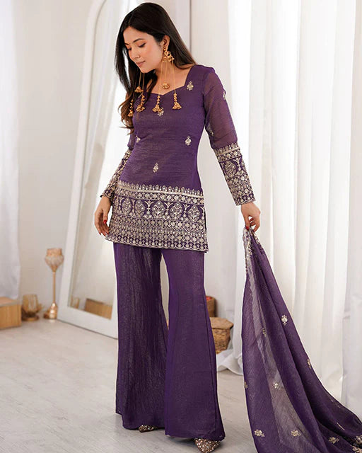 Purple Embroidered Sharara Suit