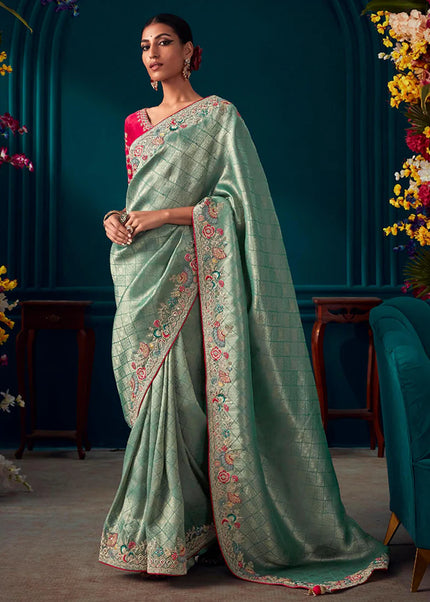 Sky Blue and Red Embroidered Wedding Saree