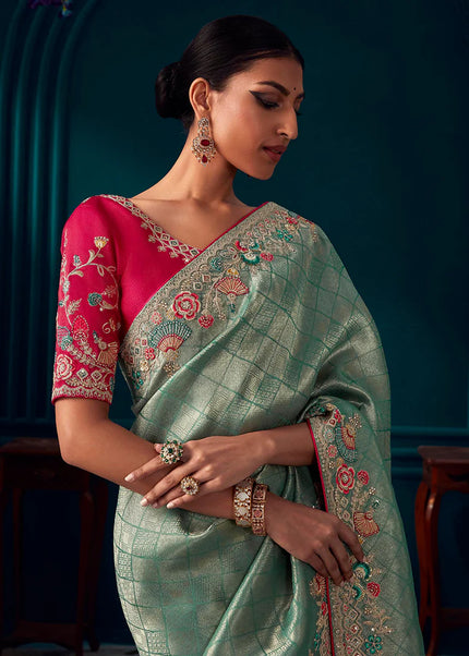 Sky Blue and Red Embroidered Wedding Saree