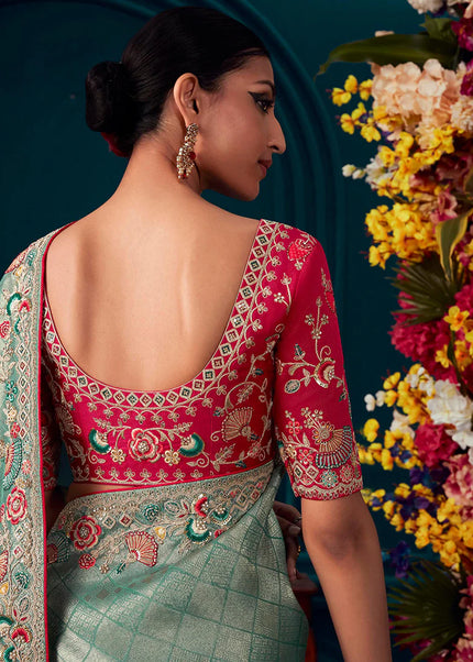 Sky Blue and Red Embroidered Wedding Saree