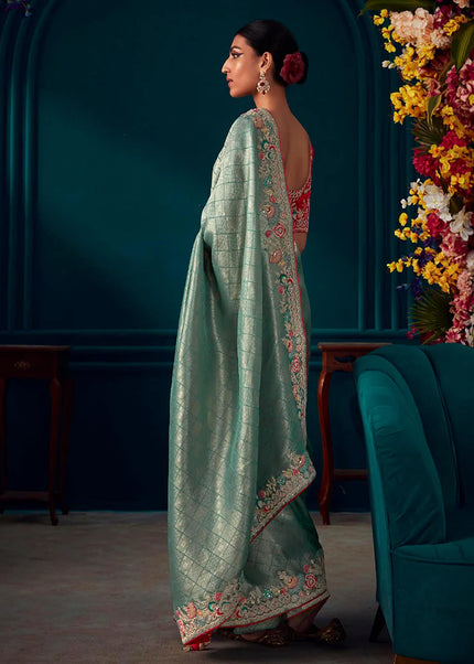 Sky Blue and Red Embroidered Wedding Saree