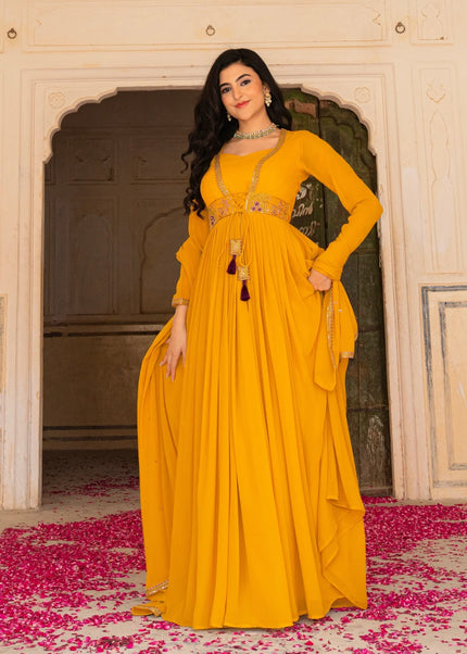 Mustard Yellow Embroidered Anarkali Gown
