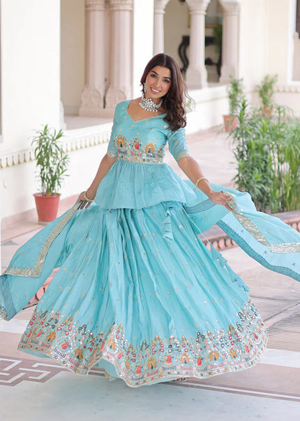 Sky Blue Embroidered Lehenga Suit