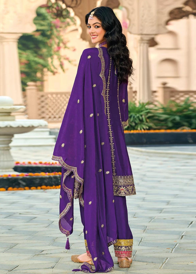 Purple Embroidered Pant Style Suit