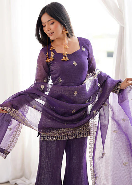 Purple Embroidered Sharara Suit