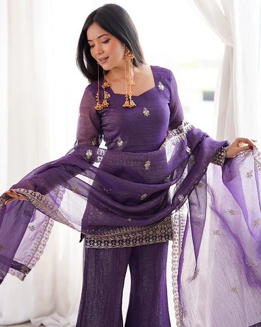Purple Embroidered Sharara Suit