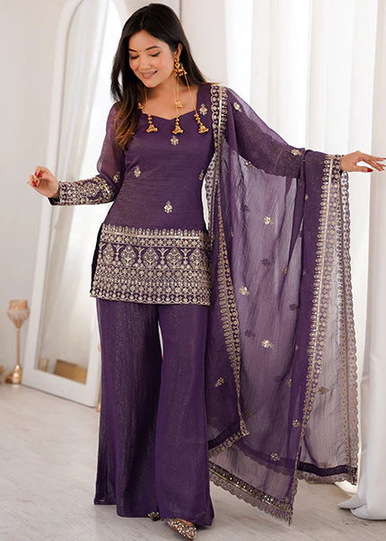 Purple Embroidered Sharara Suit