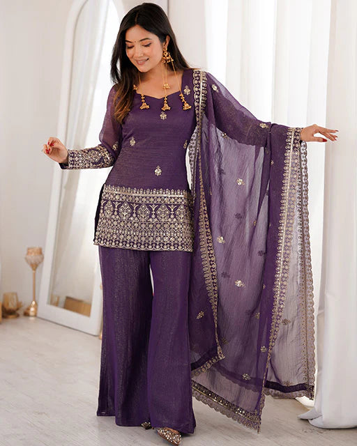 Purple Embroidered Sharara Suit