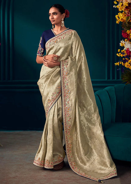 Beige and Violet Embroidered Wedding Saree