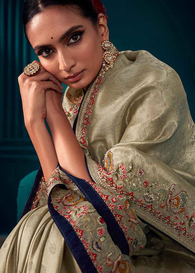 Beige and Violet Embroidered Wedding Saree