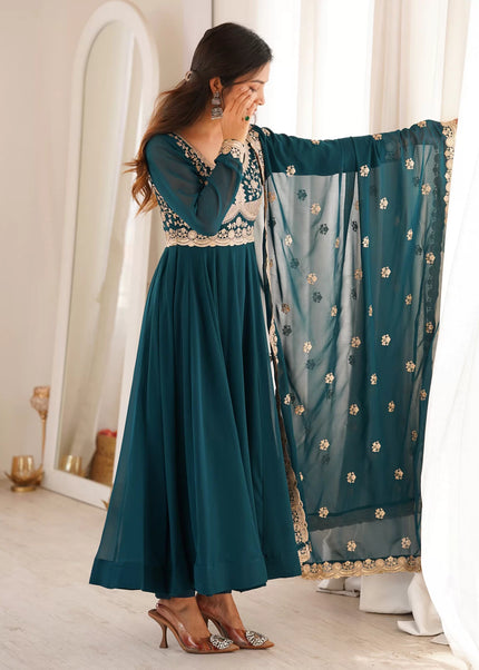 Teal Embroidered Anarkali