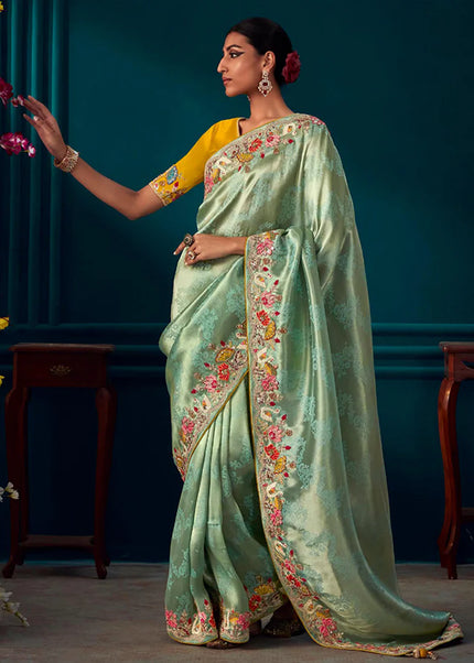 Sea Green and Yellow Embroidered Wedding Saree