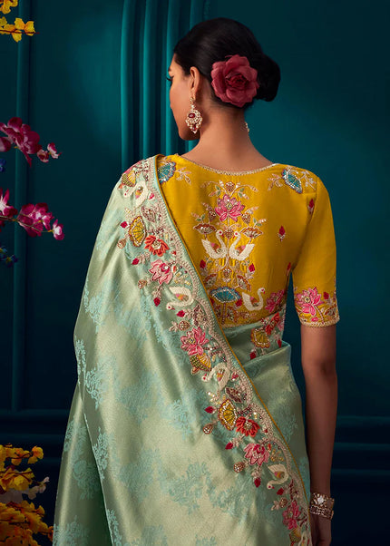 Sea Green and Yellow Embroidered Wedding Saree