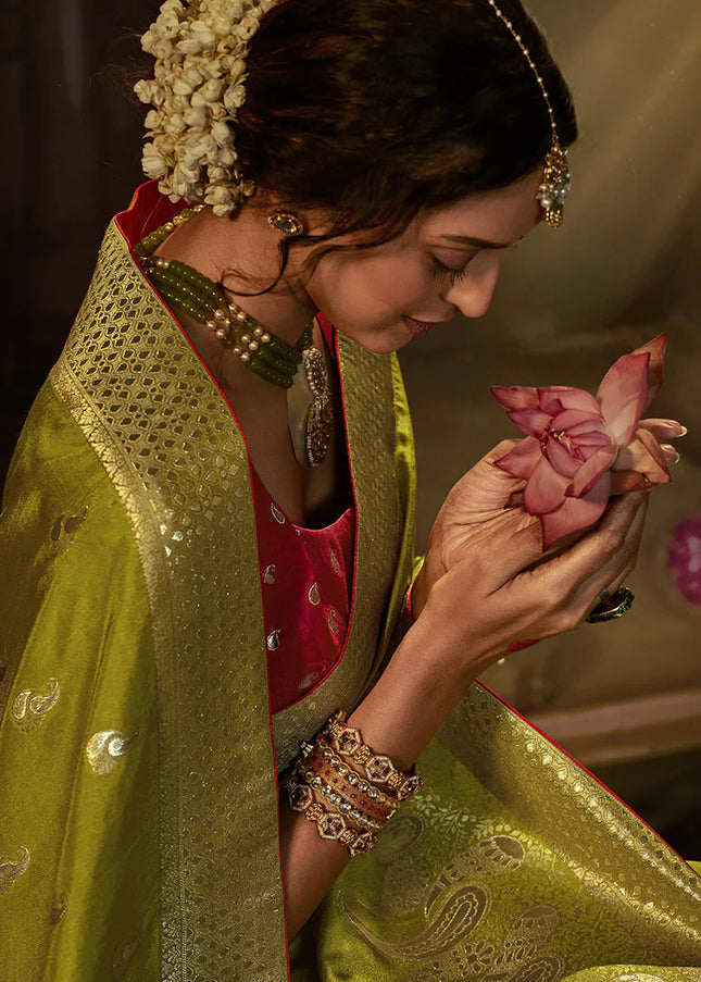 Green and Red Embroidered Wedding Saree