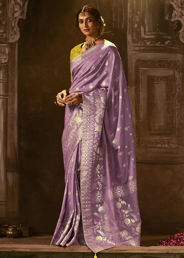 Purple and Yellow Embroidered Wedding Saree