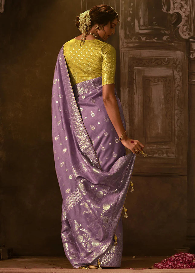 Purple and Yellow Embroidered Wedding Saree