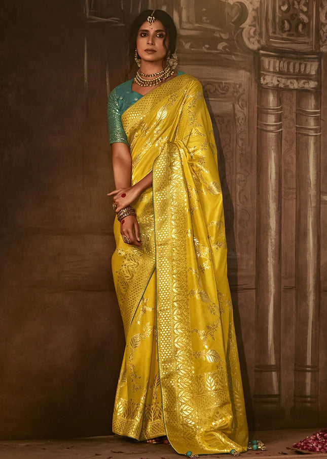 Yellow and Green Embroidered Wedding Saree