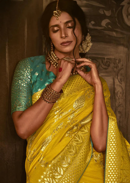 Yellow and Green Embroidered Wedding Saree