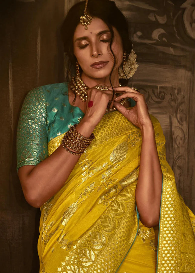 Yellow and Green Embroidered Wedding Saree