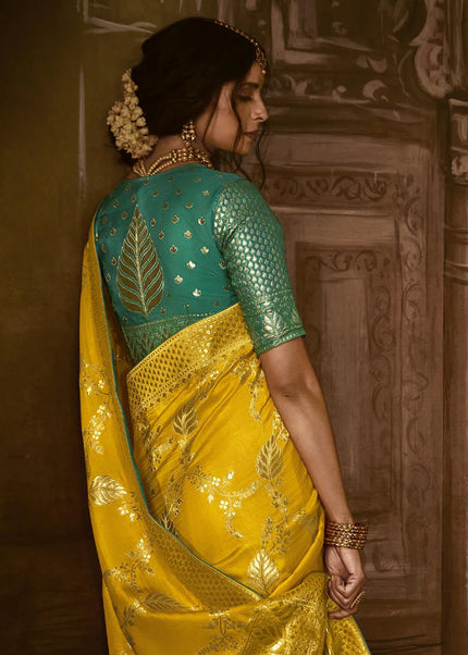 Yellow and Green Embroidered Wedding Saree