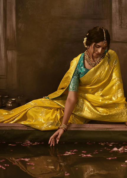 Yellow and Green Embroidered Wedding Saree