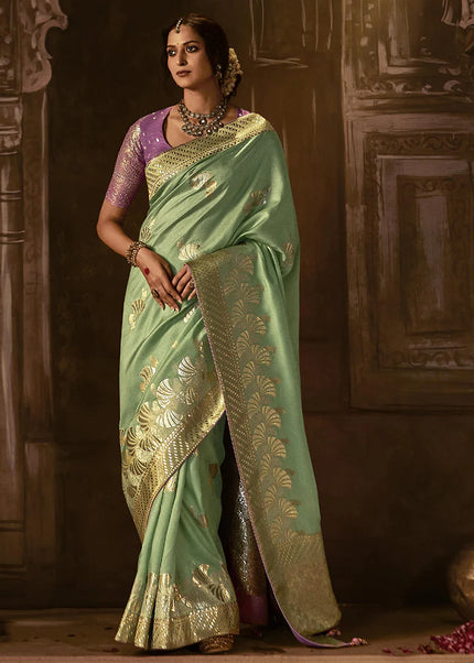 Green and Purple Embroidered Wedding Saree