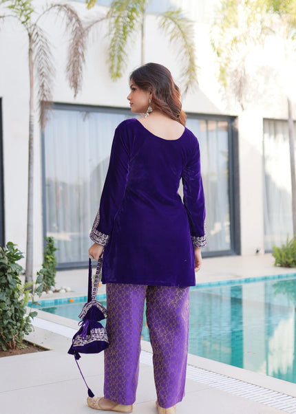 Purple Embroidered Pant Style Suit