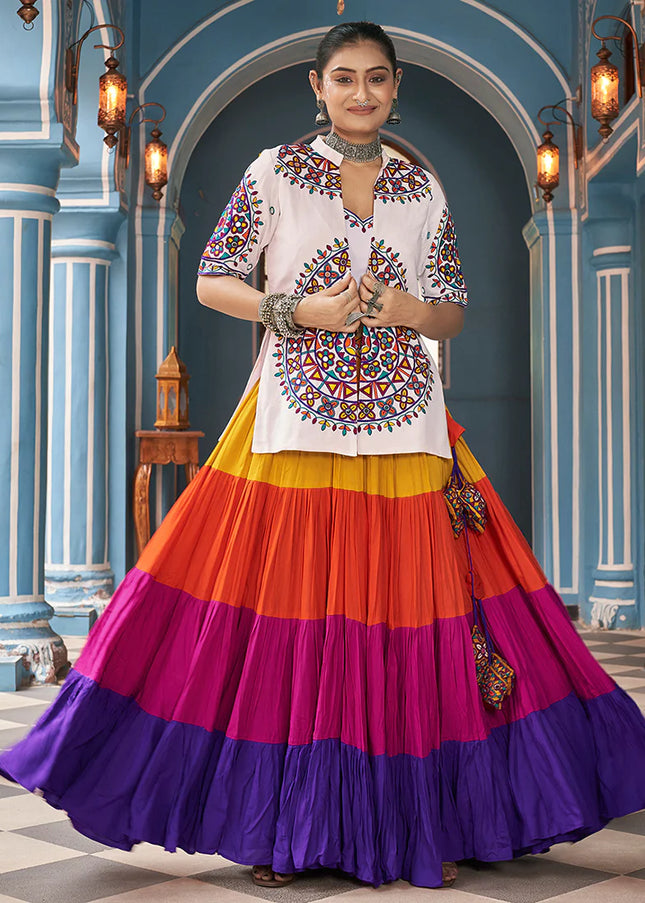 White Multicolor  Embroidered Jacket Style Lehenga Choli