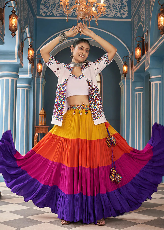 White Multicolor  Embroidered Jacket Style Lehenga Choli