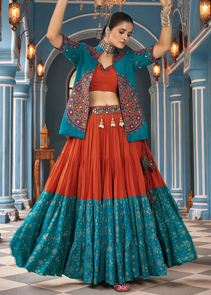 Blue and Red Embroidered Jacket Style Lehenga Choli