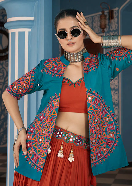 Blue and Red Embroidered Jacket Style Lehenga Choli