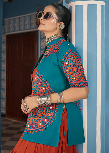 Blue and Red Embroidered Jacket Style Lehenga Choli