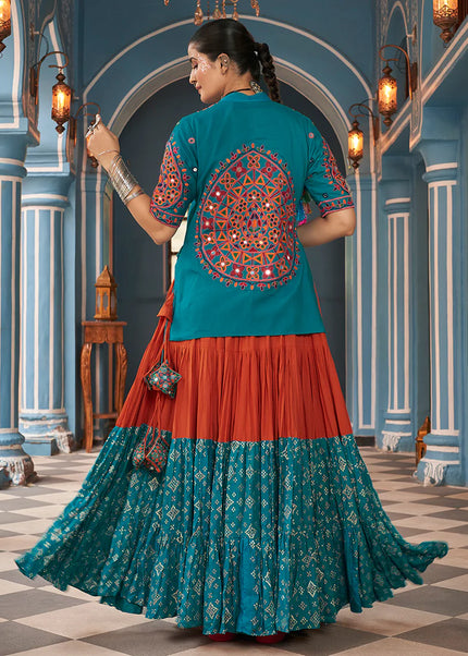 Blue and Red Embroidered Jacket Style Lehenga Choli