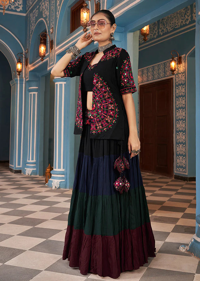 Black Multicolor Embroidered Jacket Style Lehenga Choli