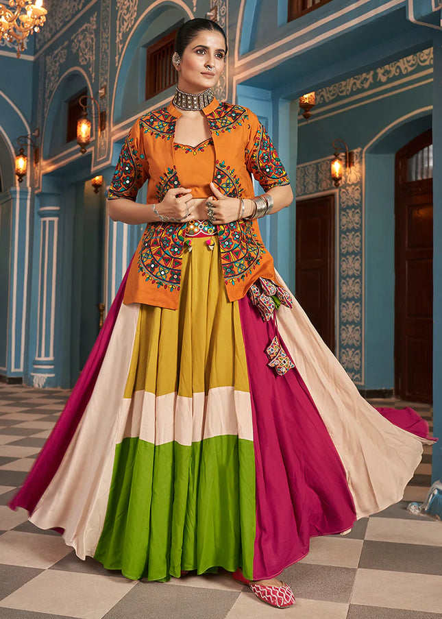 Orange Multicolor Embroidered Jacket Style Lehenga Choli