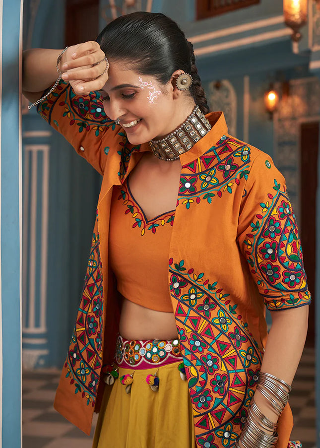 Orange Multicolor Embroidered Jacket Style Lehenga Choli