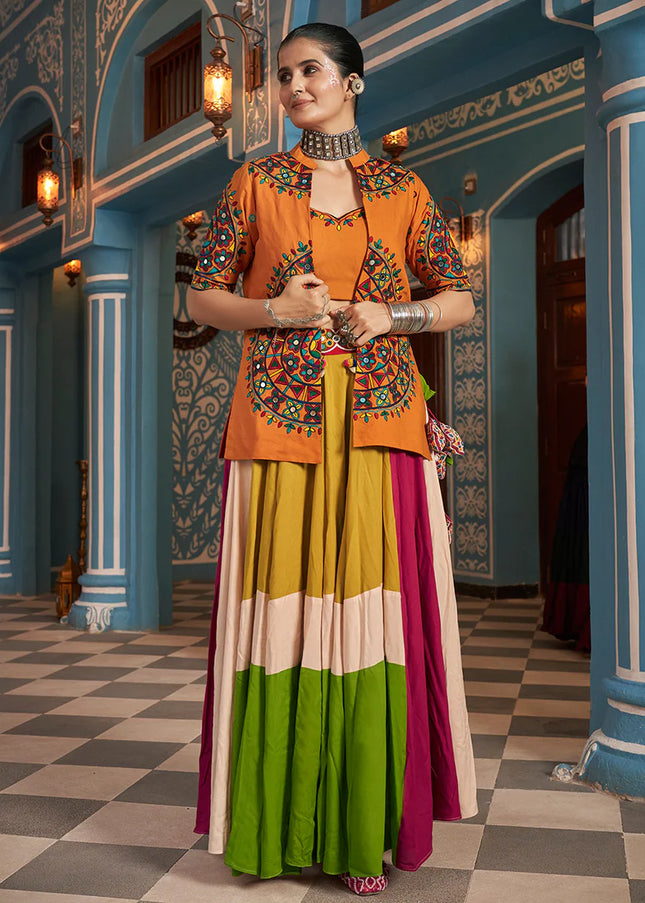 Orange Multicolor Embroidered Jacket Style Lehenga Choli