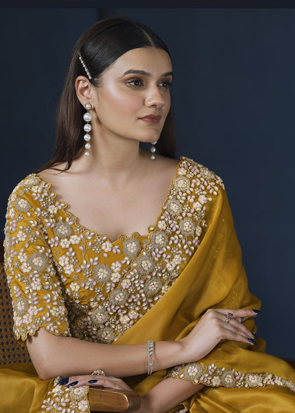 Mustard Embroidered Wedding & Festive Saree