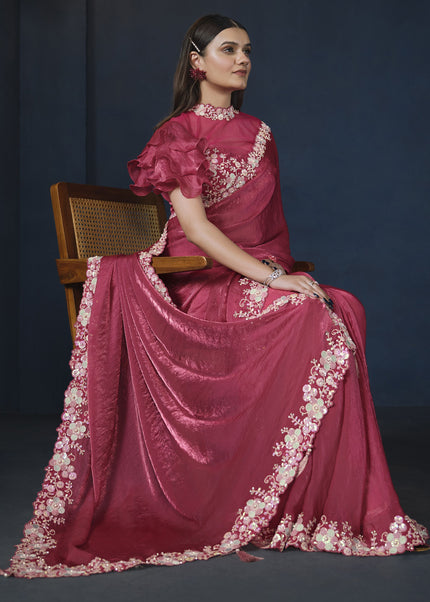 Reddish Pink Embroidered Wedding & Festive Saree