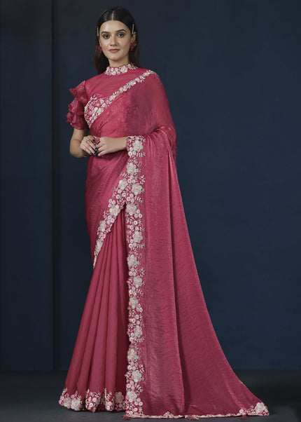 Reddish Pink Embroidered Wedding & Festive Saree