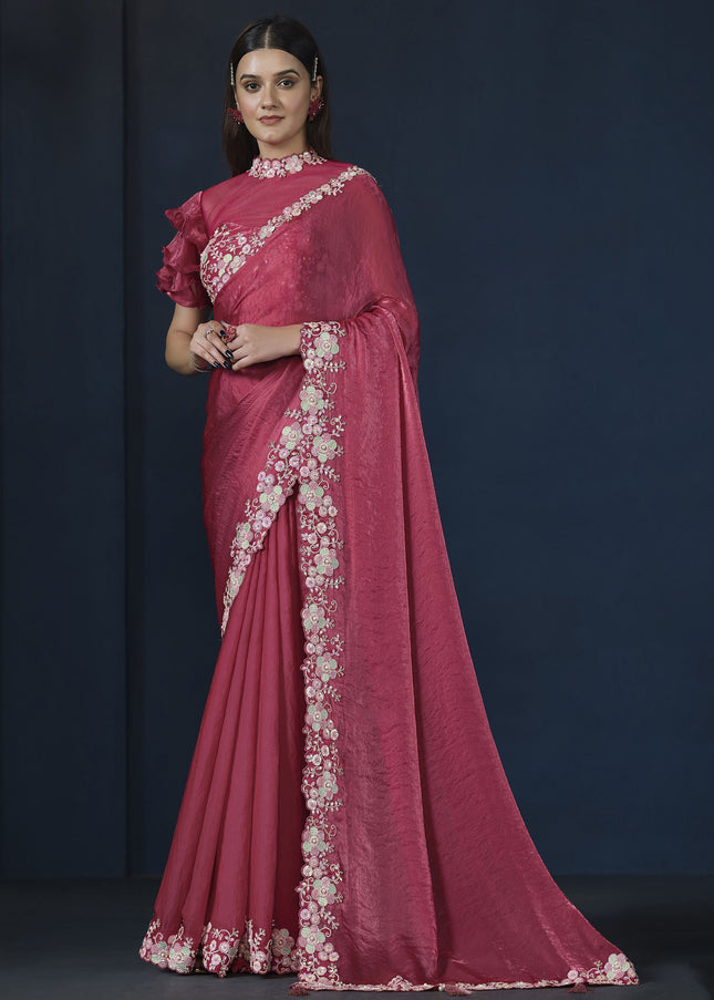Reddish Pink Embroidered Wedding & Festive Saree