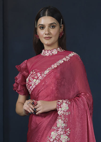 Reddish Pink Embroidered Wedding & Festive Saree
